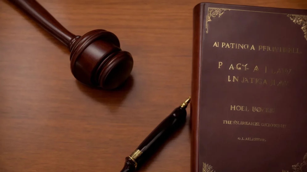"a close-up image of a legal gavel and a thick law book on a polished wooden table, symbolizing judiciary authority in a serene and professional setting."