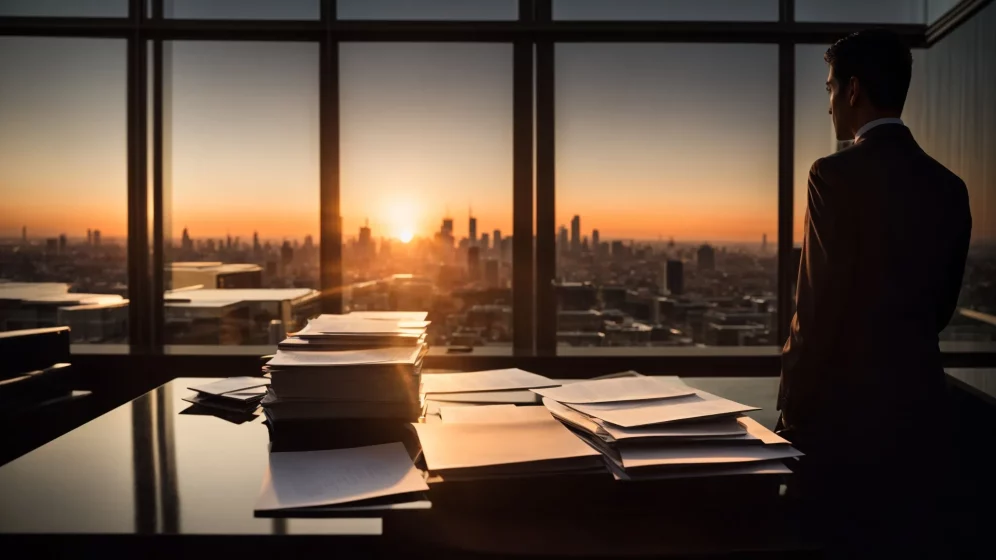 a stack of legal documents atop a sleek desk with the silhouette of a professional lawyer standing by a large window overlooking the city skyline at sunset.