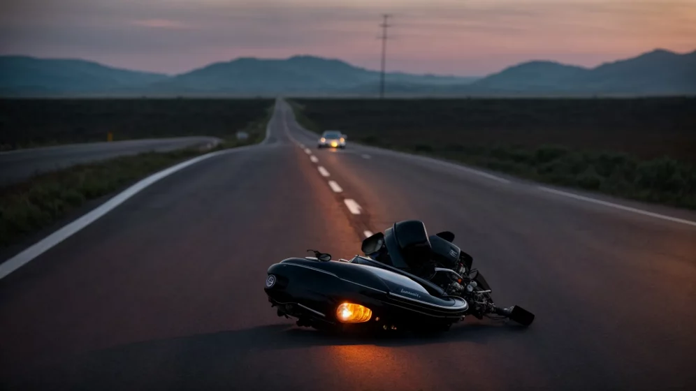 a motorcycle lies on its side on an empty road at dusk, with emergency vehicle lights flashing in the distance.