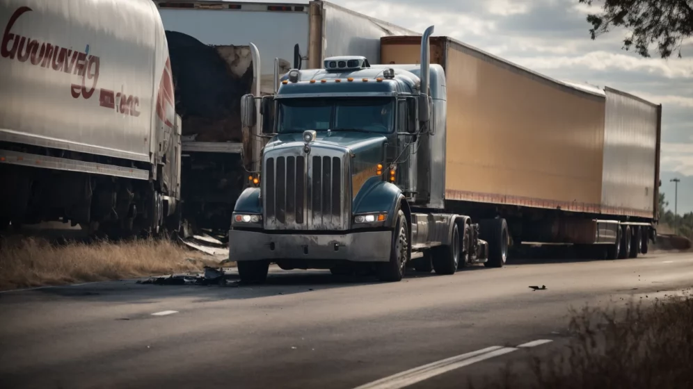 a large commercial truck and a passenger car damaged in a collision on the highway.