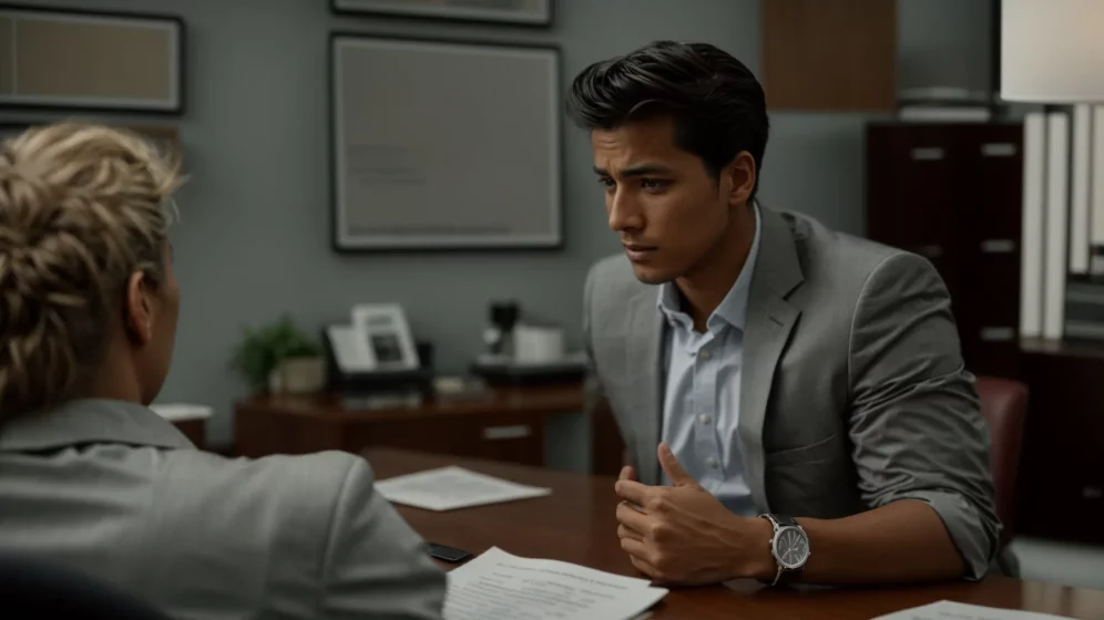 a concerned person talks to a lawyer in an office about a dog bite incident.