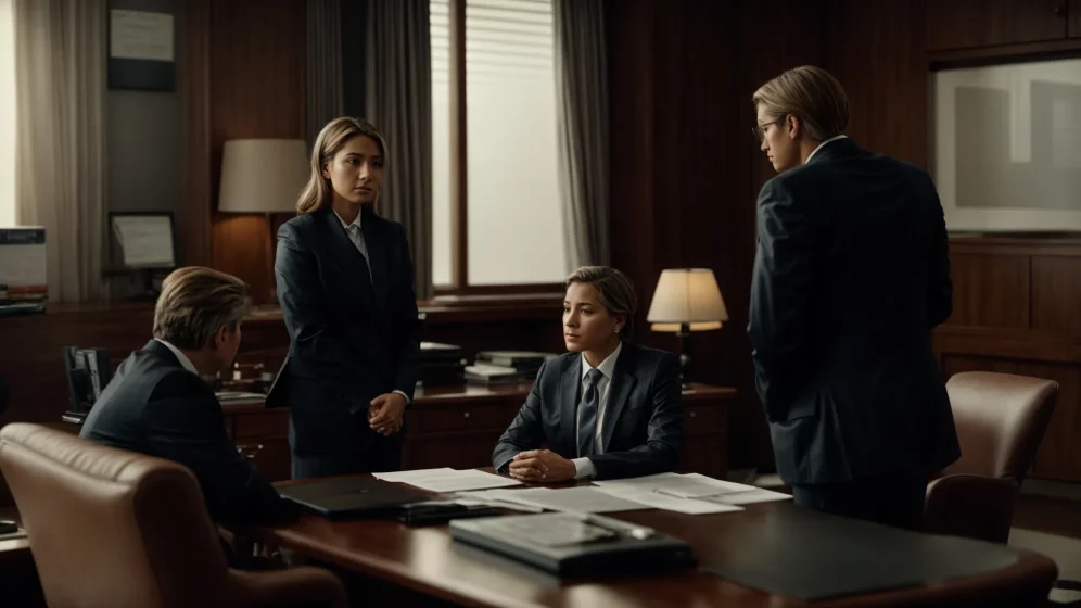 a somber meeting between a grieving family and a confident lawyer in a formal office.