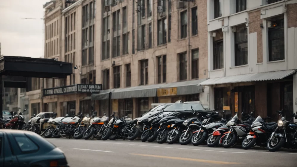 motorcycles parked on a city street near legal buildings.