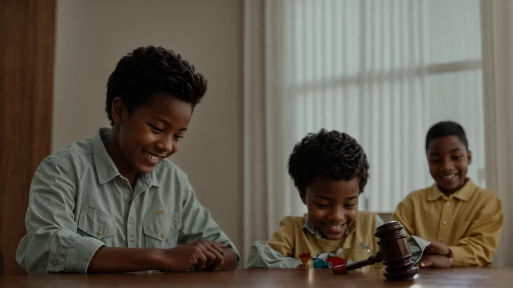 a smiling child sitting between two adults, all looking at a gavel on a table in a bright room.