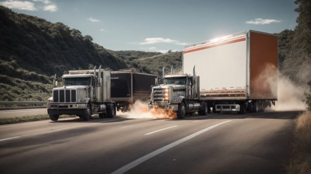 two large trucks collided on a wide highway, under a clear sky, with emergency vehicles arriving at the scene.