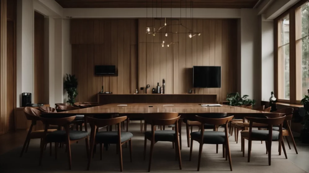 a professional meeting room with a long table and chairs, where a group of determined lawyers discuss their strategy.
