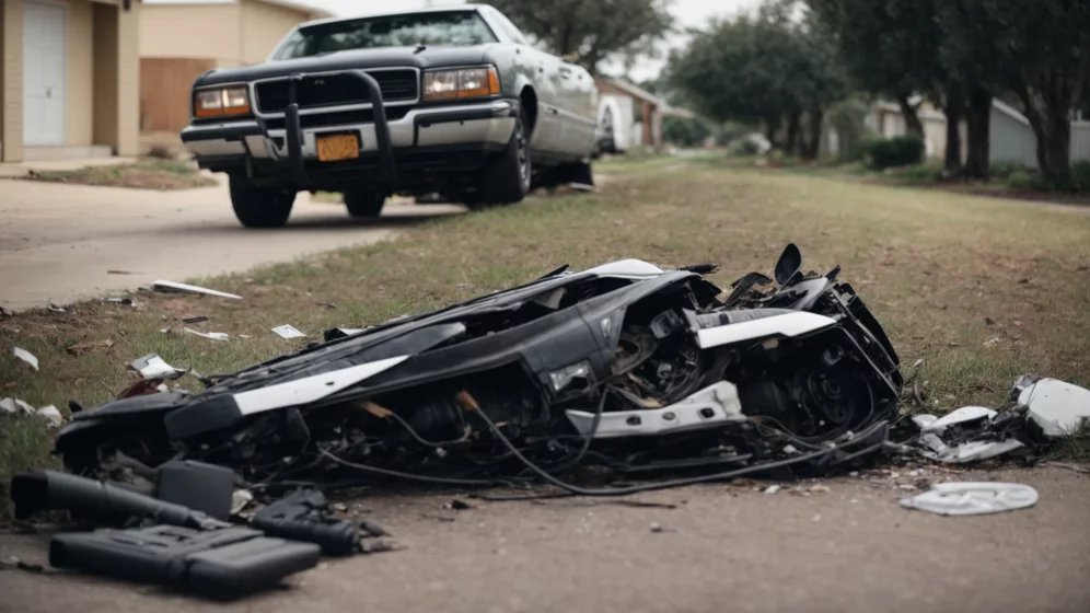 a smashed motorcycle lying on the side of a suburban street near pearland, with a police car and flashing lights in the background.