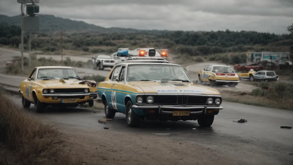 two damaged cars on a road, with police and an ambulance in the background.