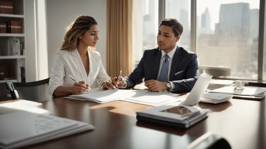 a professional attorney discusses documents with clients in a bright office.