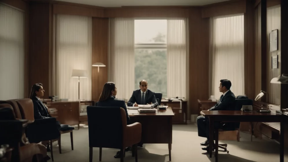 a somber meeting between grieving individuals and a compassionate attorney in a quiet office.