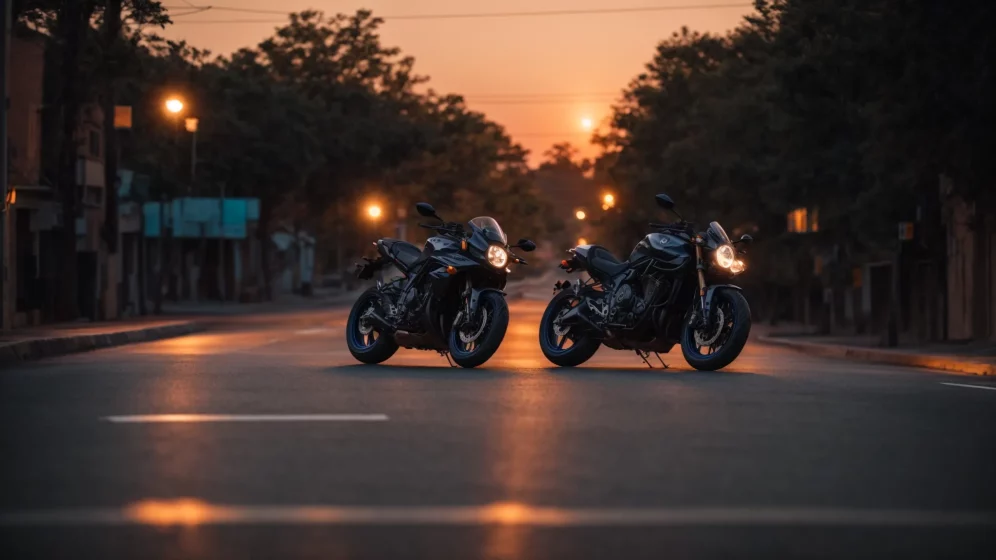 two motorcycles lie on an empty street at dusk, with emergency lights reflecting in the distance.