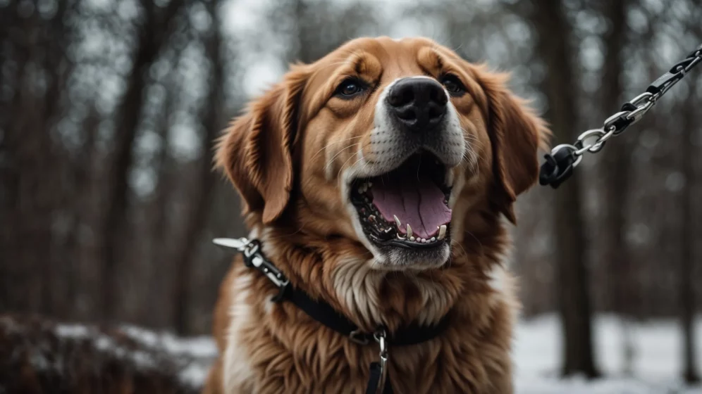 a fierce dog bares its teeth while being restrained by a leash.