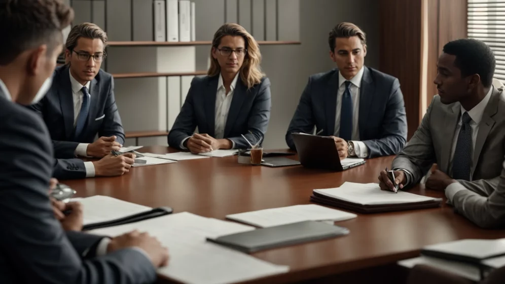 a serious meeting between a client and a team of attorneys in an office, discussing a case.
