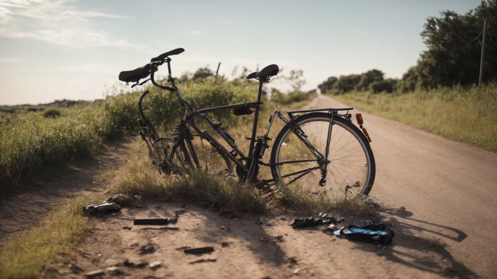 a damaged bicycle rests beside a road on a sunny day with emergency lights flashing in the background.