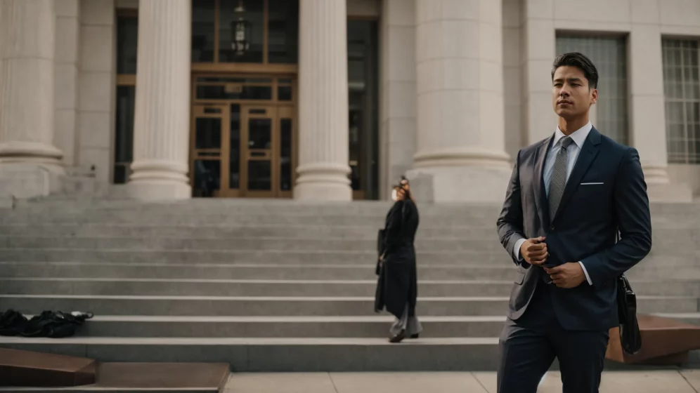 a lawyer stands confidently in front of a courthouse, ready to represent a case involving a dog bite incident.