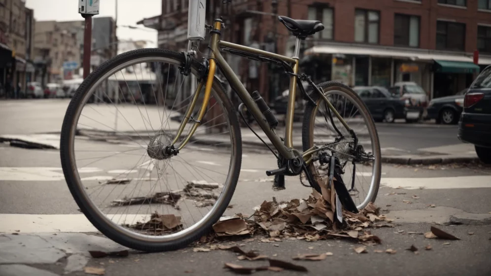a damaged bicycle lies on a city street near a crosswalk.