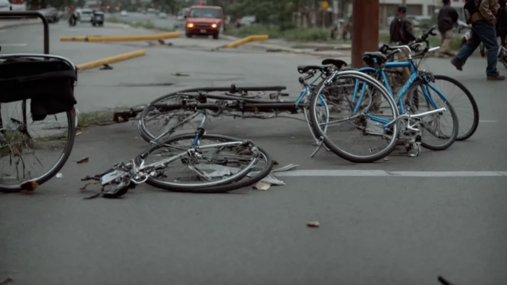 a damaged bicycle lying beside a busy road in houston.
