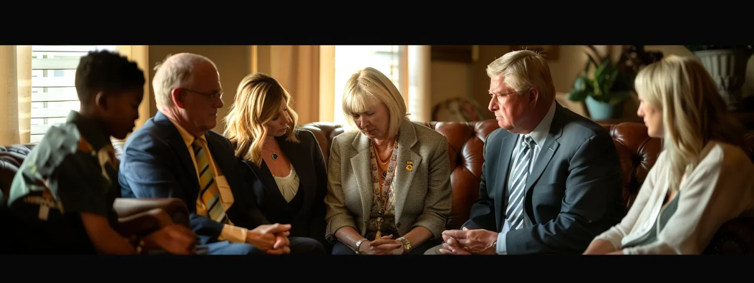 a group of somber, empathetic lawyers in fort worth comforting a grieving family after a wrongful death.