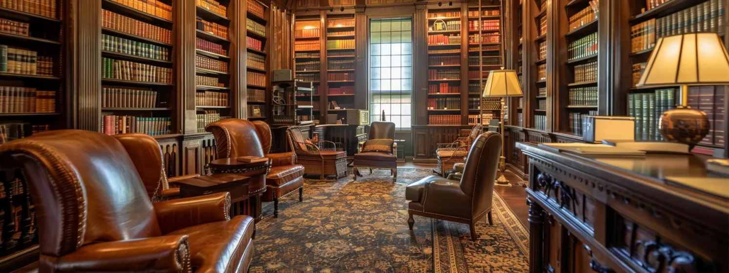 an elegant law library filled with leather-bound books and antique furniture, where two attorneys discuss wills and estates in fort worth.
