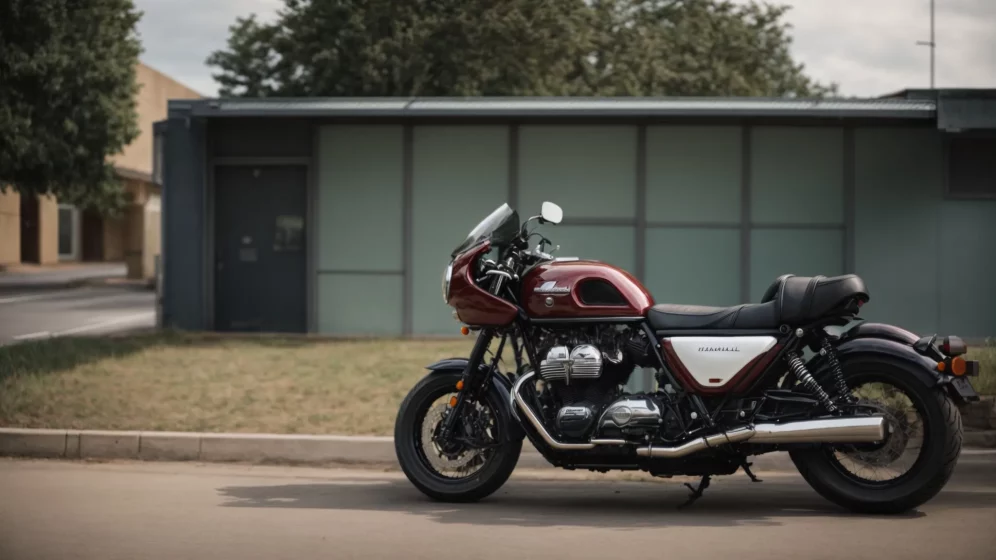 two motorcycles are parked on the side of a road near a legal office building.