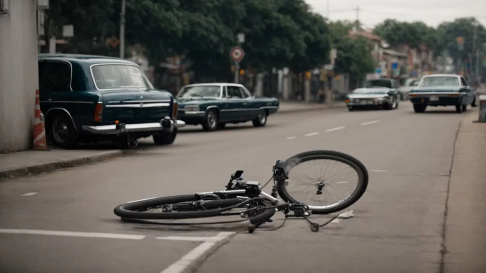 a bicycle lying beside a street, with vehicles passing by in the background.
