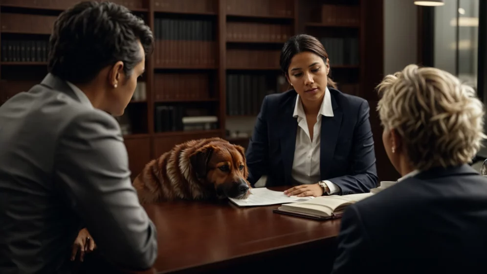 a concerned individual consults with a professional lawyer in an office setting regarding a dog bite incident.