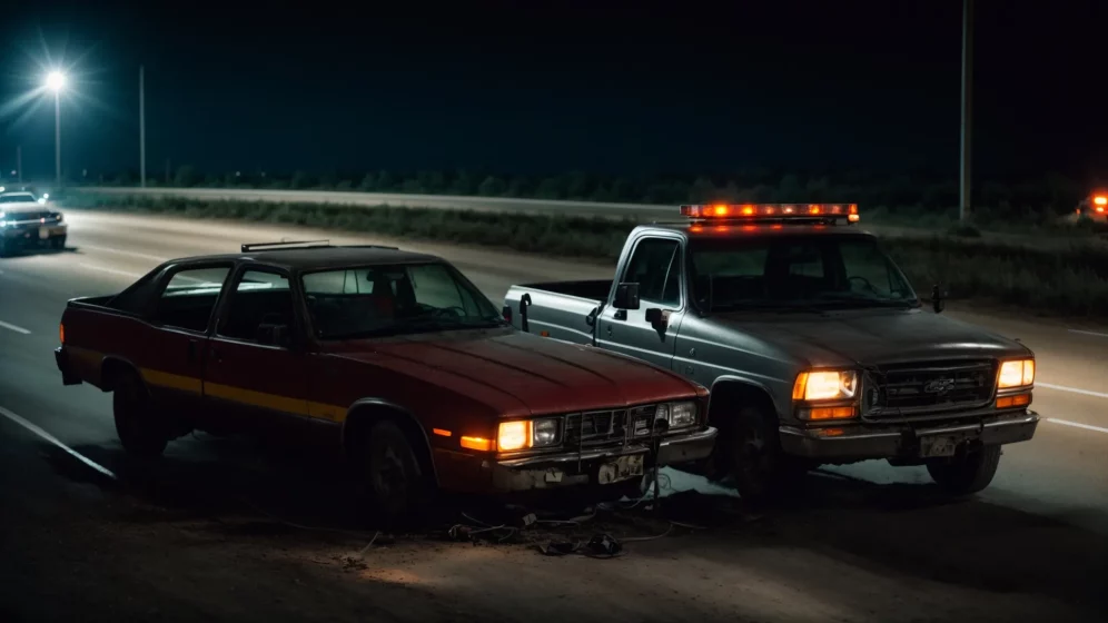 a damaged truck and car pulled over on the side of a highway, with emergency lights flashing.