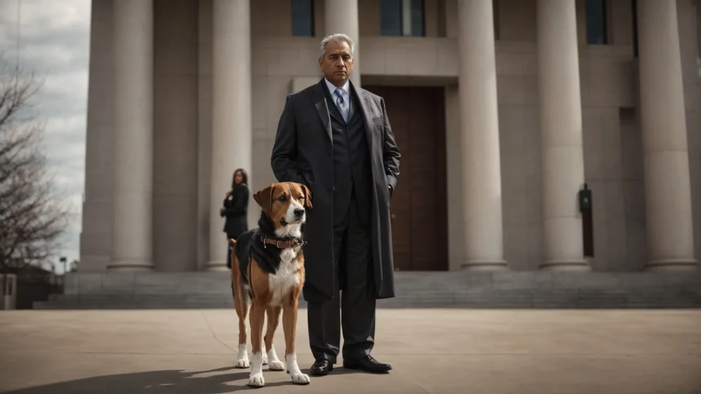 a stern-looking lawyer stands in front of a courthouse with a leashed dog sitting obediently by his side.