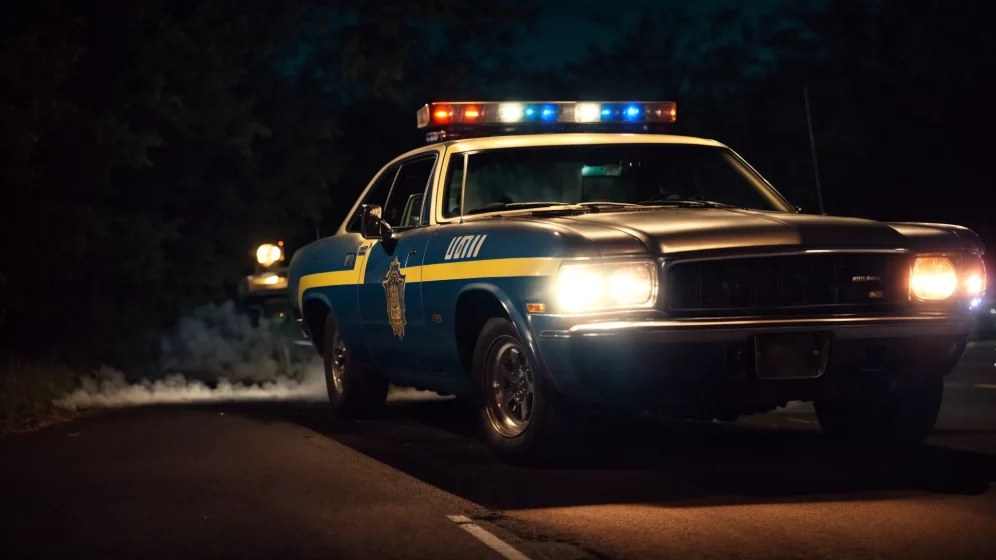 a nighttime view of flashing police car lights illuminating a blocked-off road accident scene.