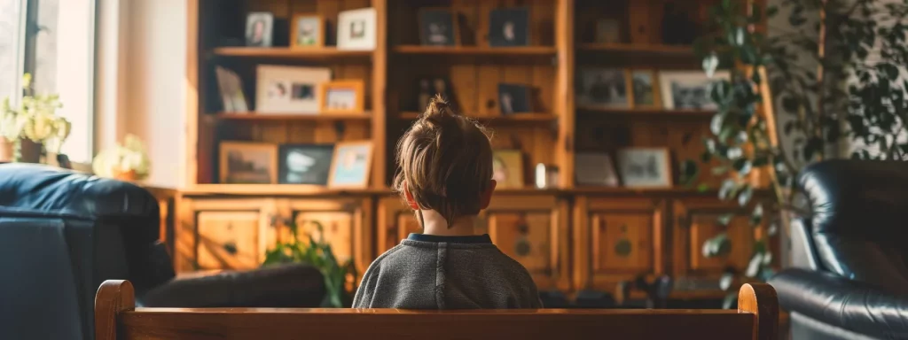 a child sitting on a wooden bench looking up at a compassionate lawyer in a cozy office setting, surrounded by family photos and legal books.