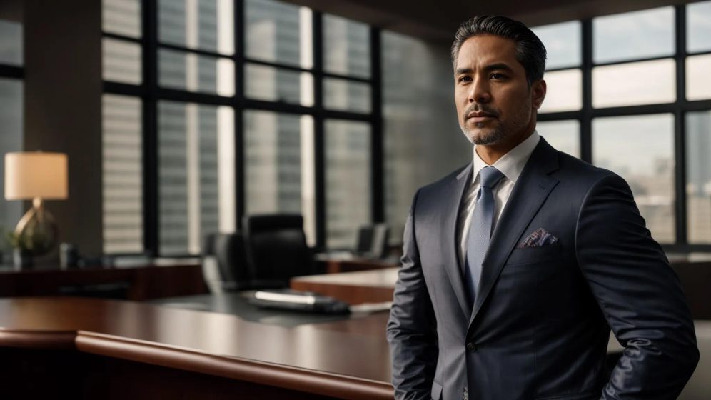 a powerful and resolute attorney stands confidently in a sleek, modern office, bathed in warm natural light, symbolizing strength and justice for those seeking legal advocacy in personal injury cases.
