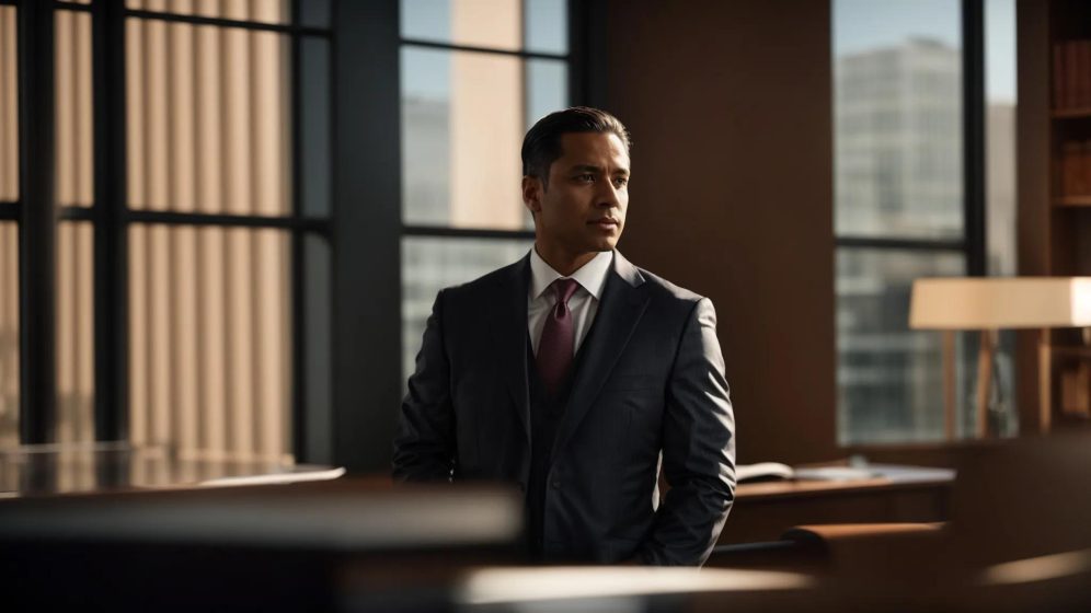 a powerful image of a determined attorney standing confidently in a modern office, bathed in warm natural light, symbolizing experienced legal support in wrongful death cases.