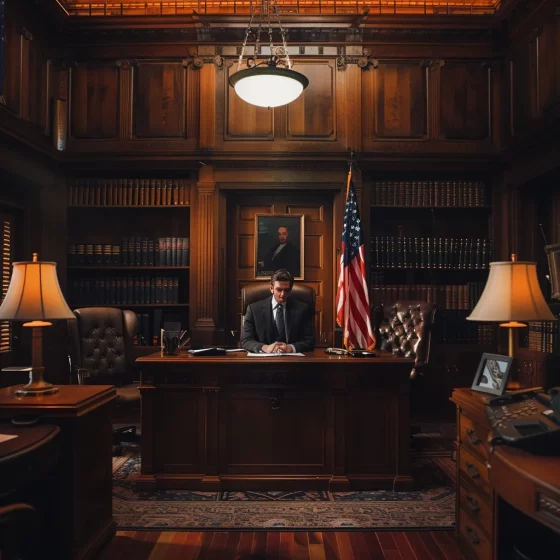 a solemn law office, with a polished wooden desk and somber decor, where a compassionate lawyer attentively listens to a distressed client, conveying a sense of trust and support in their difficult time.