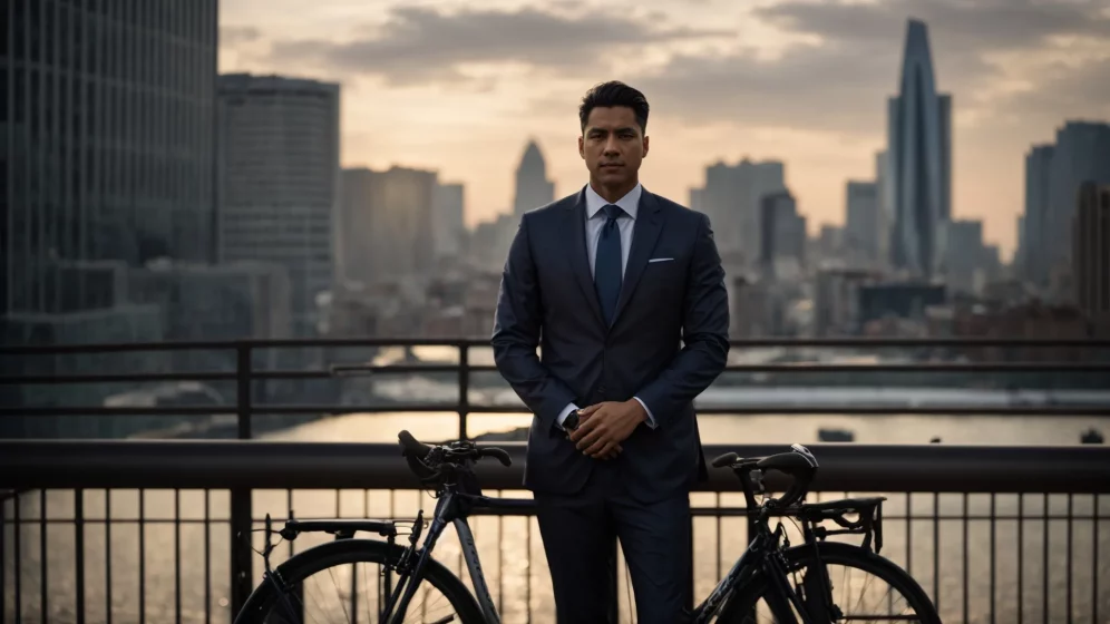 a confident lawyer stands against a backdrop of a bustling cityscape, exuding professionalism and readiness to support accident victims, with a soft focus on a distant bicycle symbolizing advocacy and recovery.