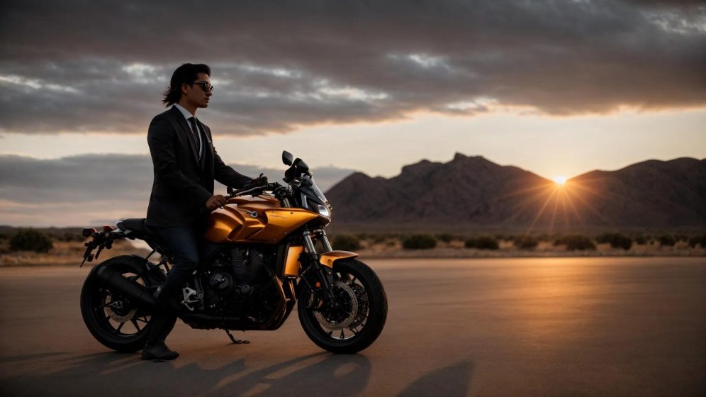 a confident motorcycle lawyer stands beside a sleek motorcycle against a dramatic sunset backdrop, embodying the theme of protection and advocacy for riders' rights.