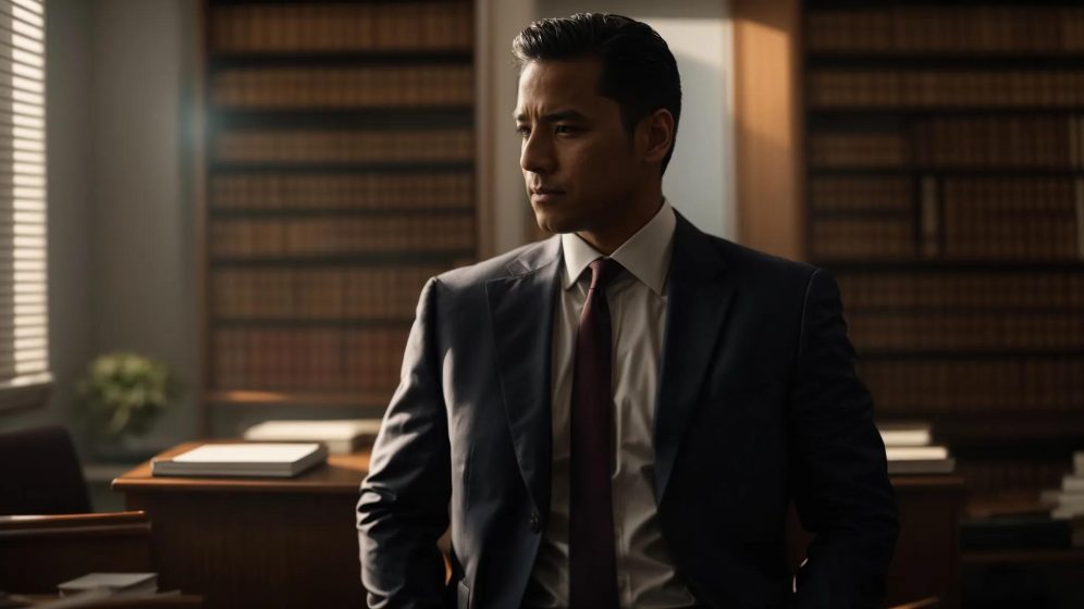 a determined attorney stands resolutely in a sunlit office, surrounded by powerful imagery of justice, symbolizing the unwavering commitment to support victims of wrongful death.