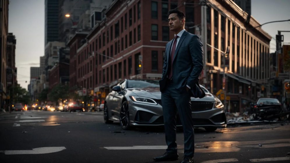 a determined car accident lawyer stands confidently in a bustling scranton street, with a backdrop of city life, exuding professionalism and readiness to fight for justice amidst the aftermath of a recent collision.