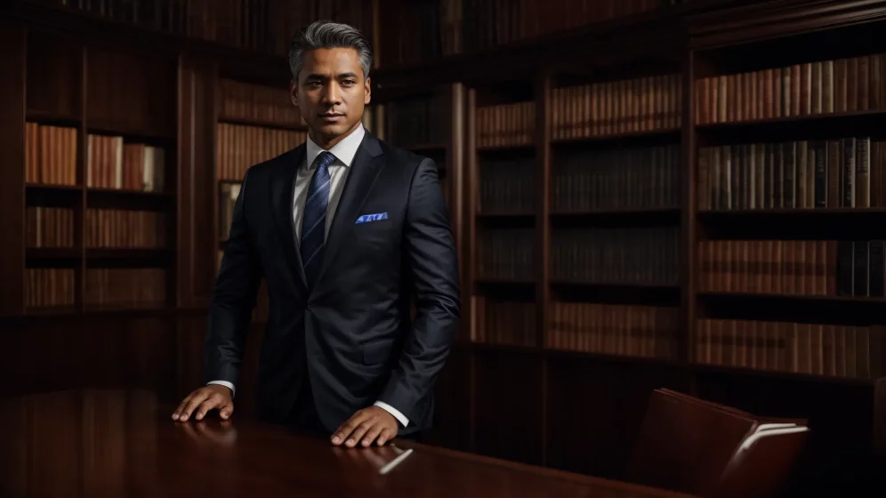 a powerful and serene office setting featuring a confident attorney in a sharp suit, surrounded by professional legal books and framed accolades, symbolizing dedication and expertise in wrongful death cases.