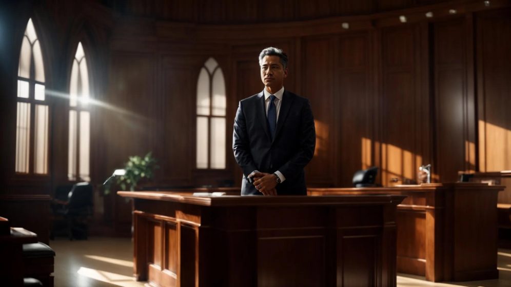 a powerful composition showcases a determined lawyer standing confidently in a sunlit courtroom, symbolizing expert legal representation for animal attack victims amidst a backdrop of justice and resilience.