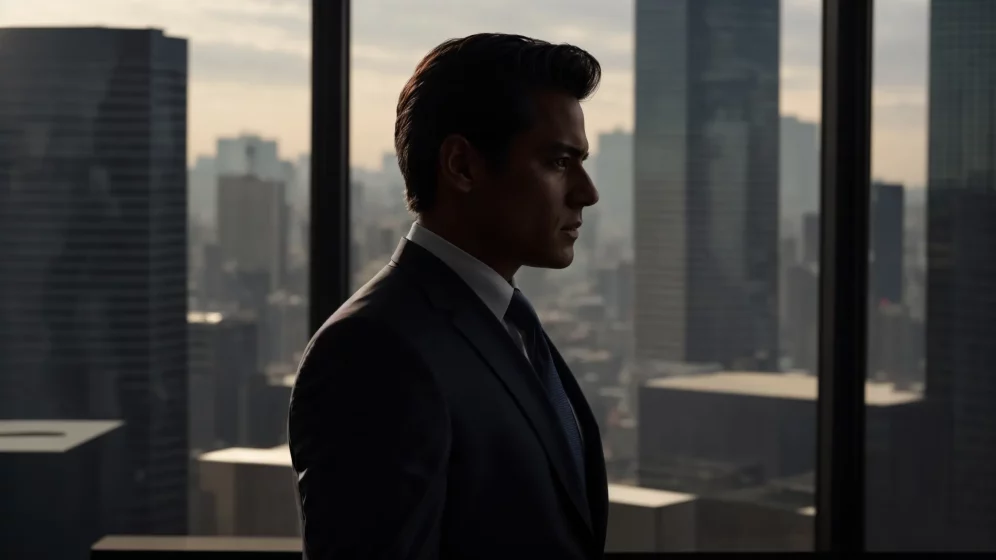 a powerful, determined attorney stands confidently in a sleek office, silhouetted against a cityscape, embodying strength and expertise in seeking justice for victims of animal attacks.