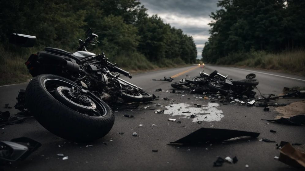 a powerful, dramatic scene depicting a motorcycle crash site, with shattered glass and a twisted bike under a moody sky, highlighting the urgency and impact of motorcycle accident incidents.