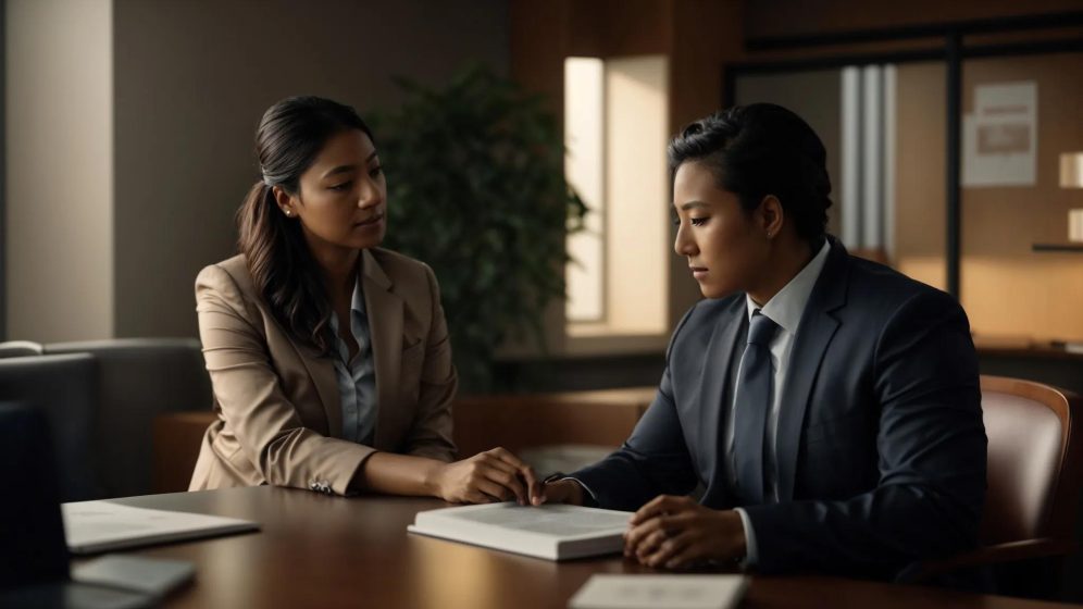 a serene office setting bathed in soft, warm light, featuring a compassionate lawyer engaged in a heartfelt consultation with a distressed client, symbolizing support and understanding during a challenging time.