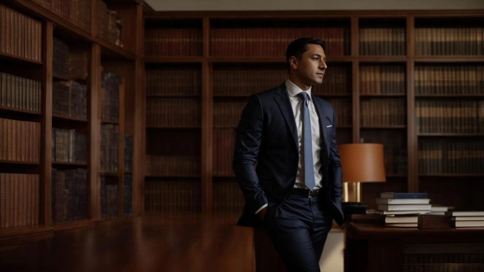 a confident personal injury lawyer stands in a sunlit scranton office, surrounded by shelves of legal books, exuding professional authority and dedication to clients seeking justice.