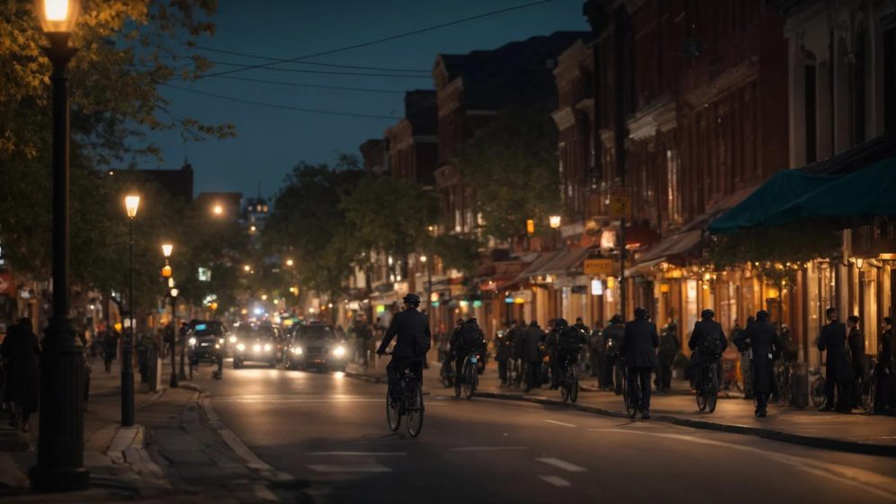 a dynamic cityscape at dusk features a busy georgetown street, with a focused portrayal of bicycle riders navigating traffic, illuminated by vibrant streetlights that reflect the urgency and expertise of accident lawyers ready to assist.