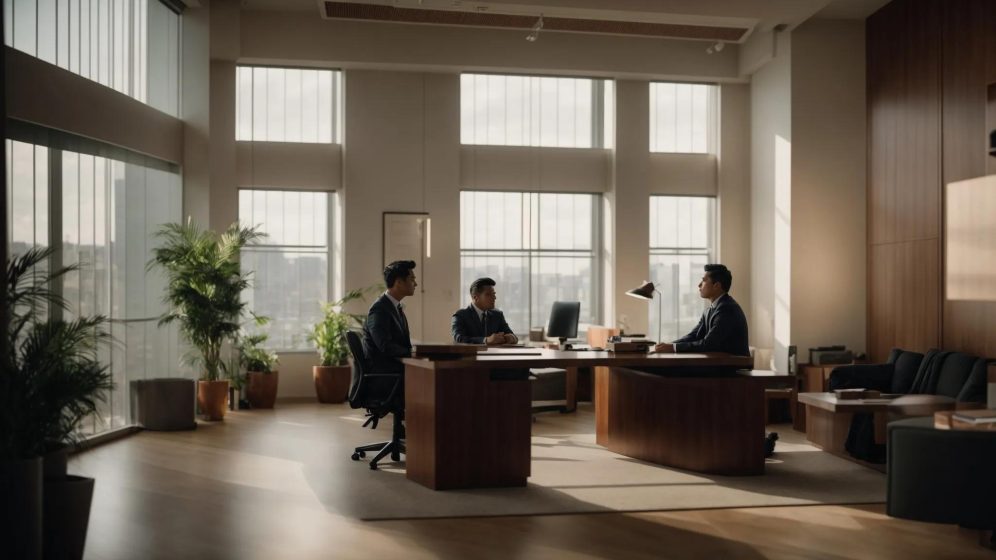 a solemn and compassionate scene captures a pair of attentive lawyers in a thoughtfully designed office, surrounded by comforting natural light, symbolizing their unwavering support for clients in times of crisis.