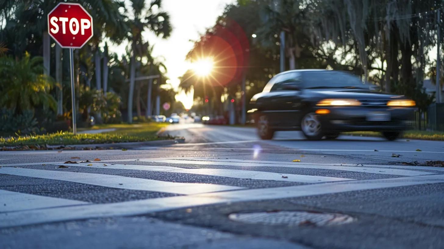 a car zooms past a bright red stop sign on a clearwater street, highlighting the importance of understanding traffic violations in accident cases.